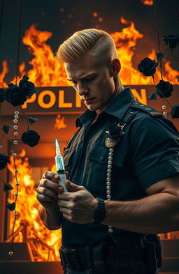 A dramatic scene featuring a police station engulfed in flames, with vivid orange and yellow fire contrasting against the darkened night sky