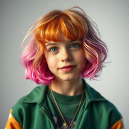 A portrait of a young person styled like a cinema kid, with vibrant hair, fashionable clothes, and an expressive face