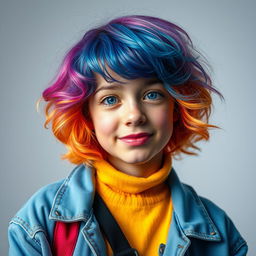 A portrait of a young person styled like a cinema kid, with vibrant hair, fashionable clothes, and an expressive face