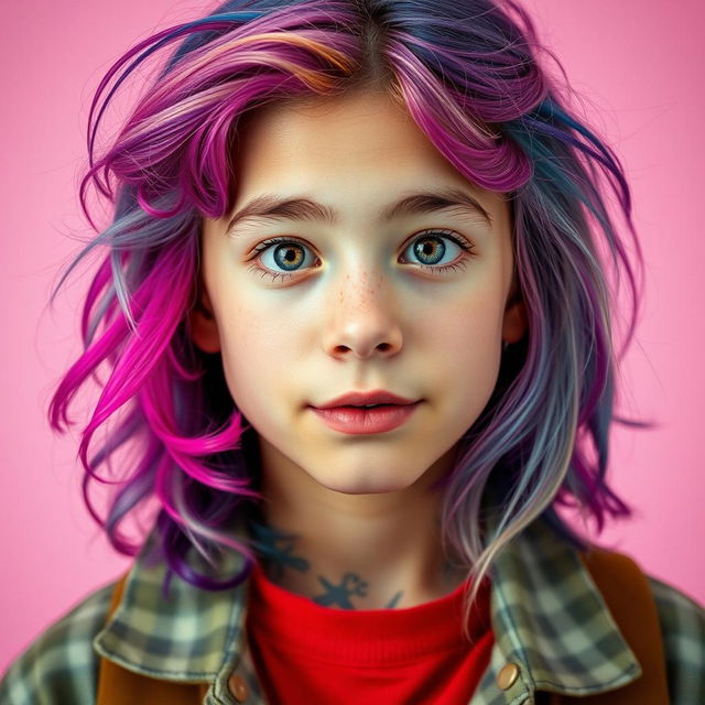 A portrait of a young person styled like a cinema kid, with vibrant hair, fashionable clothes, and an expressive face