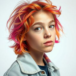 A portrait of a young person styled like a cinema kid, with vibrant hair, fashionable clothes, and an expressive face