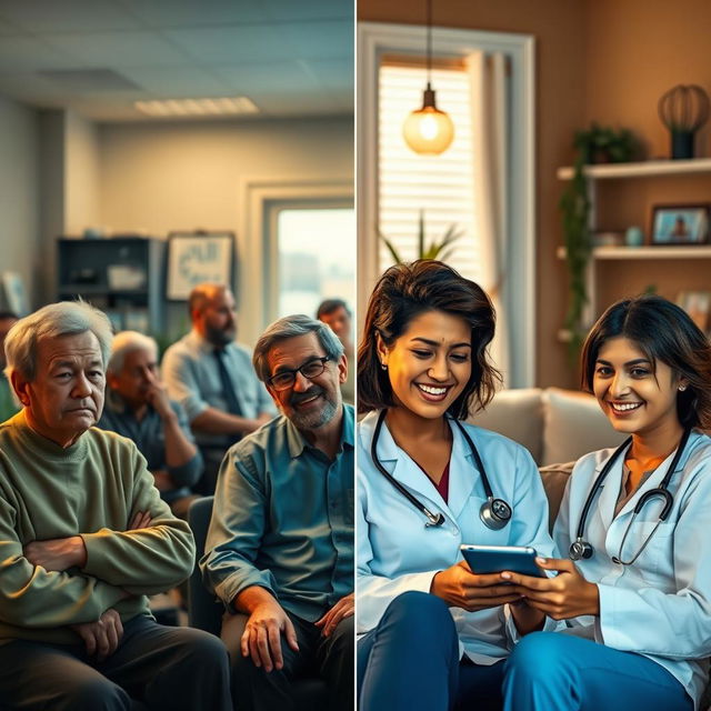 A split image depicting two contrasting scenes for healthcare