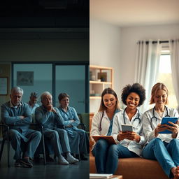 A split image depicting two contrasting scenes for healthcare