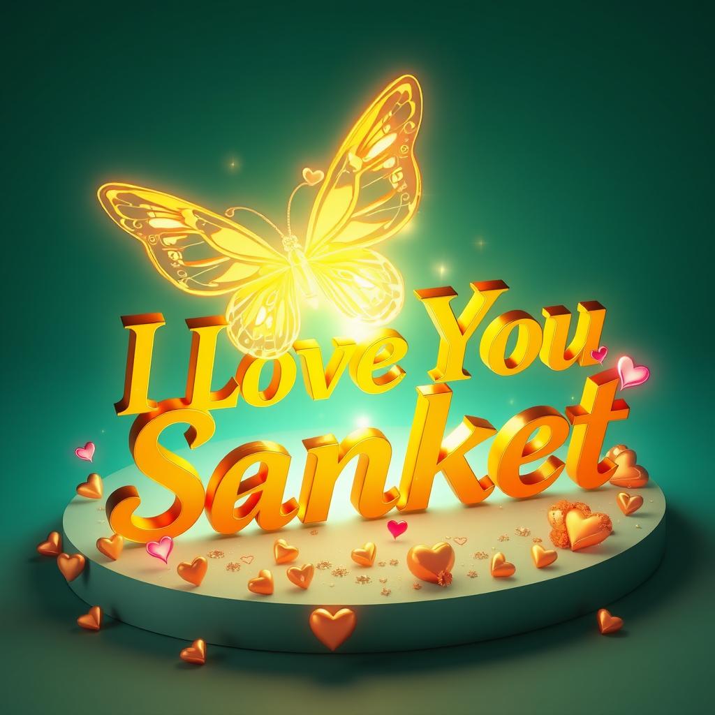 A stunning 3D digital artwork featuring elegant golden letters spelling "I Love You Sanket", illuminated by a radiant, glowing gold butterfly with intricately detailed wings