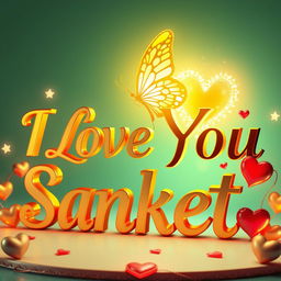 A stunning 3D digital artwork featuring elegant golden letters spelling "I Love You Sanket", illuminated by a radiant, glowing gold butterfly with intricately detailed wings