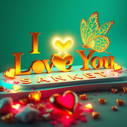 A stunning 3D digital artwork featuring elegant golden letters spelling "I Love You Sanket", illuminated by a radiant, glowing gold butterfly with intricately detailed wings
