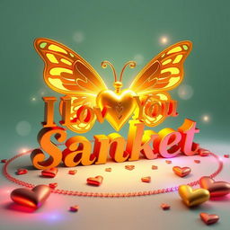 A stunning 3D digital artwork featuring elegant golden letters spelling "I Love You Sanket", illuminated by a radiant, glowing gold butterfly with intricately detailed wings