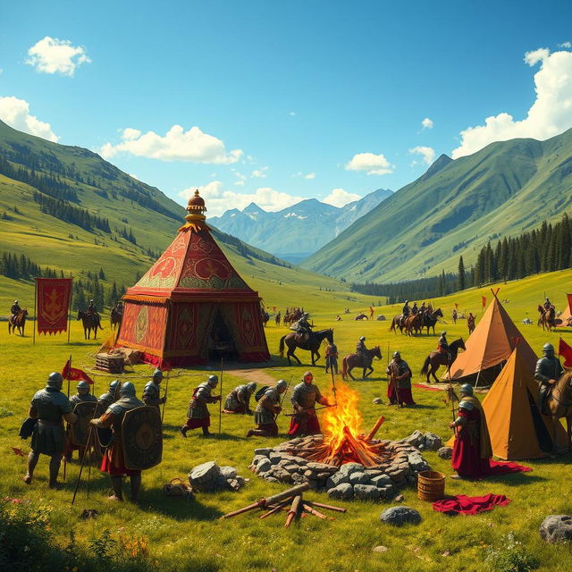 A Visigoth camp scene set in a lush, green valley, highlighted by a grand amir's tent featuring vivid colors and ornate designs