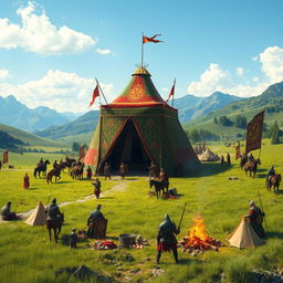 A Visigoth camp scene set in a lush, green valley, highlighted by a grand amir's tent featuring vivid colors and ornate designs