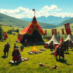 A Visigoth camp scene set in a lush, green valley, highlighted by a grand amir's tent featuring vivid colors and ornate designs