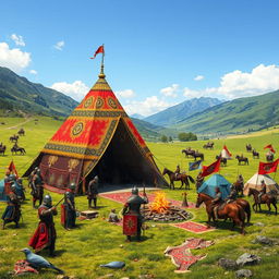 A Visigoth camp scene set in a lush, green valley, highlighted by a grand amir's tent featuring vivid colors and ornate designs
