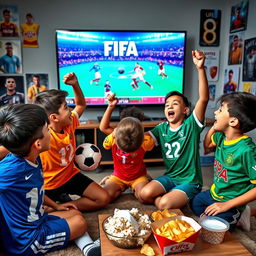 An exciting scene of five boys enthusiastically watching a FIFA tournament on a large screen
