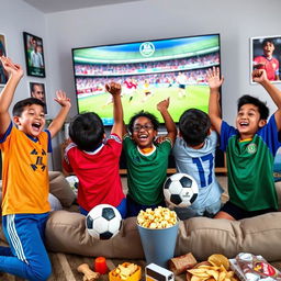 An exciting scene of five boys enthusiastically watching a FIFA tournament on a large screen