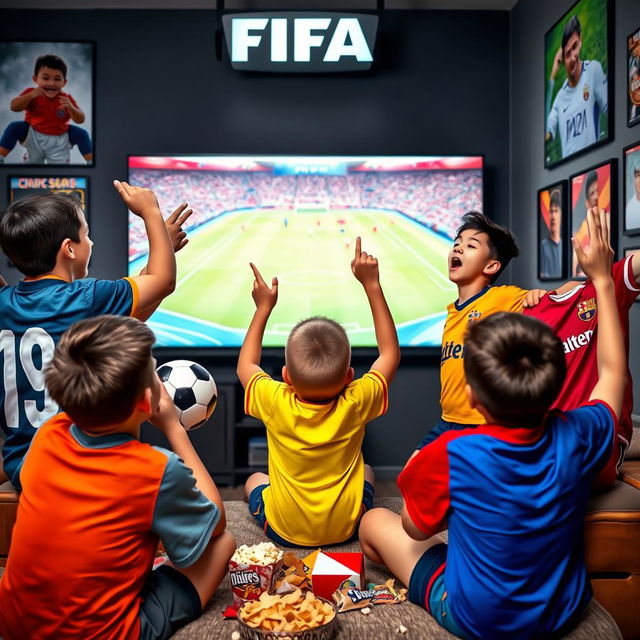 An exciting scene of five boys enthusiastically watching a FIFA tournament on a large screen