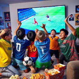 An exciting scene of five boys enthusiastically watching a FIFA tournament on a large screen