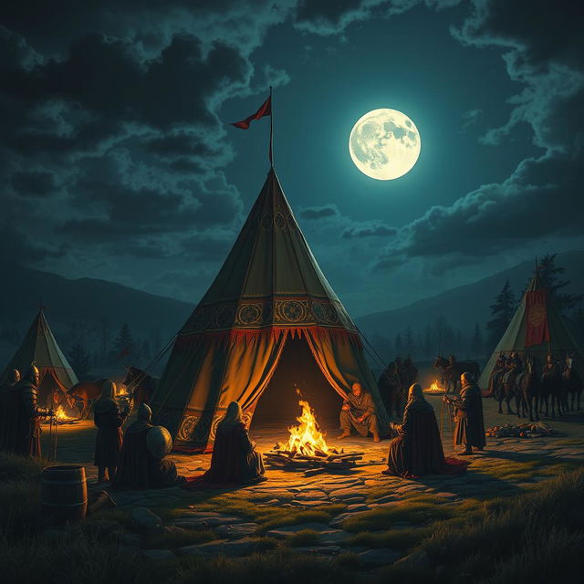 A Visigoth camp scene at night, illuminated by the soft glow of flickering torches and a full moon casting silver light over the landscape