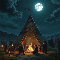 A Visigoth camp scene at night, illuminated by the soft glow of flickering torches and a full moon casting silver light over the landscape