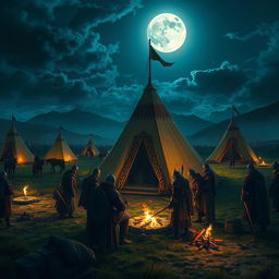 A Visigoth camp scene at night, illuminated by the soft glow of flickering torches and a full moon casting silver light over the landscape