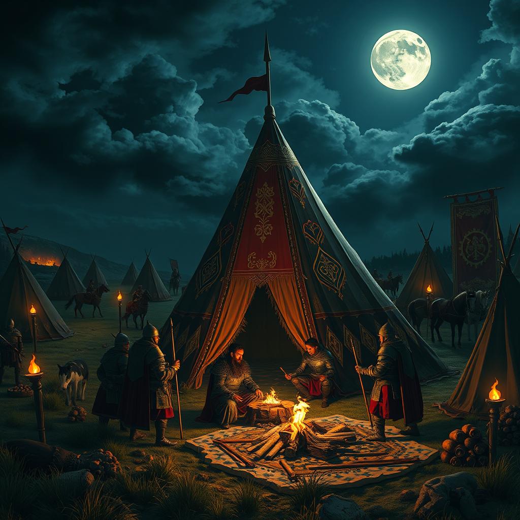 A Visigoth camp scene at night, illuminated by the soft glow of flickering torches and a full moon casting silver light over the landscape