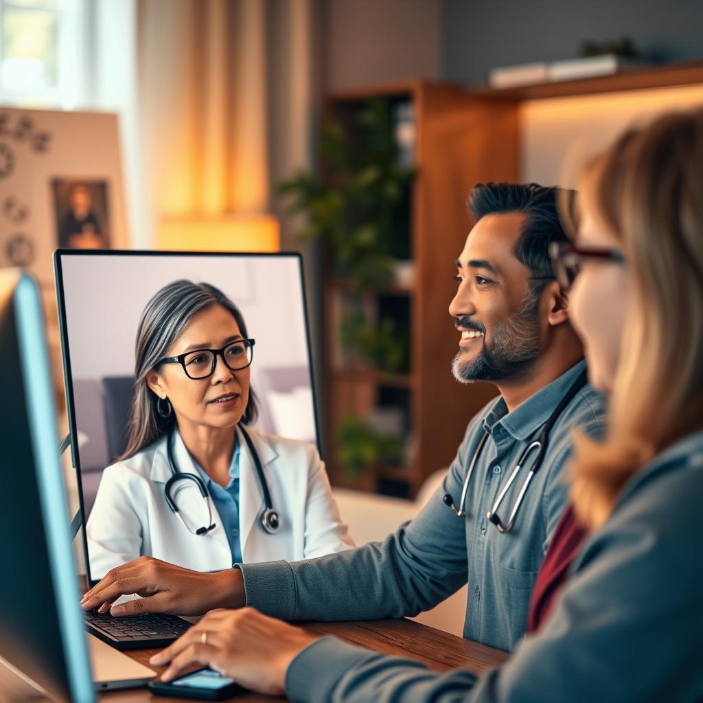A realistic and inspiring scene depicting telehealth in action, featuring diverse adults engaged in a virtual consultation with a healthcare professional via a computer or tablet