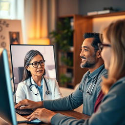 A realistic and inspiring scene depicting telehealth in action, featuring diverse adults engaged in a virtual consultation with a healthcare professional via a computer or tablet