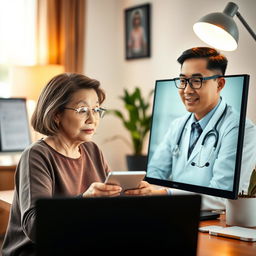 A realistic and inspiring scene depicting telehealth in action, featuring diverse adults engaged in a virtual consultation with a healthcare professional via a computer or tablet