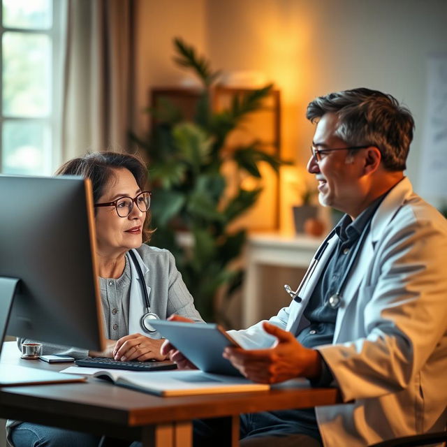 A realistic and inspiring scene depicting telehealth in action, featuring diverse adults engaged in a virtual consultation with a healthcare professional via a computer or tablet