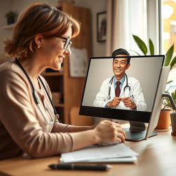A realistic and inspiring scene depicting telehealth in action, featuring diverse adults engaged in a virtual consultation with a healthcare professional via a computer or tablet