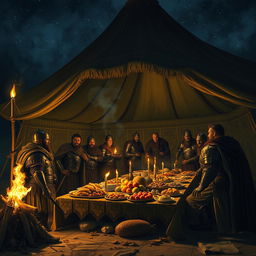 A nighttime scene of a Visigoth camp, featuring a large, ornate amir's tent illuminated by the soft glow of torches and a nearby campfire