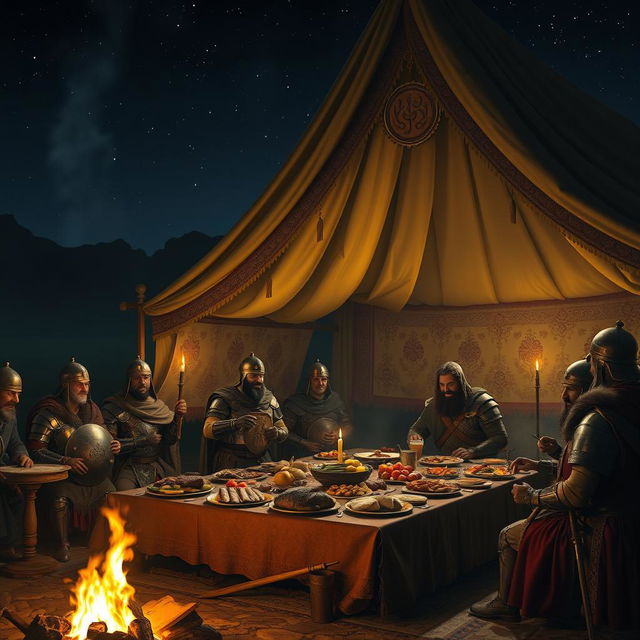 A nighttime scene of a Visigoth camp, featuring a large, ornate amir's tent illuminated by the soft glow of torches and a nearby campfire