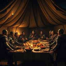 A nighttime scene of a Visigoth camp, featuring a large, ornate amir's tent illuminated by the soft glow of torches and a nearby campfire