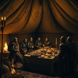 A nighttime scene of a Visigoth camp, featuring a large, ornate amir's tent illuminated by the soft glow of torches and a nearby campfire
