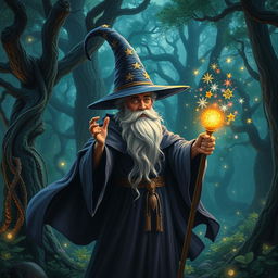 A mystical wizard standing in a magical forest, wearing a tall, pointed hat adorned with shimmering stars and a flowing cape that billows in the wind