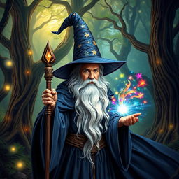 A mystical wizard standing in a magical forest, wearing a tall, pointed hat adorned with shimmering stars and a flowing cape that billows in the wind