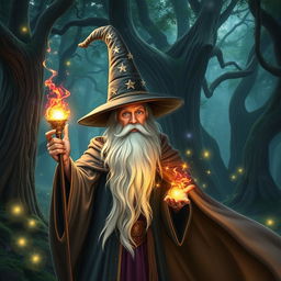 A mystical wizard standing in a magical forest, wearing a tall, pointed hat adorned with shimmering stars and a flowing cape that billows in the wind