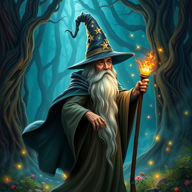 A mystical wizard standing in a magical forest, wearing a tall, pointed hat adorned with shimmering stars and a flowing cape that billows in the wind