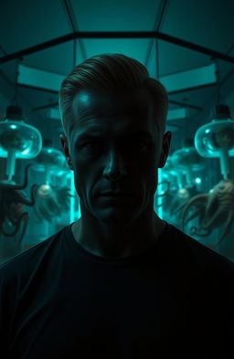 A blonde man with smooth, slicked-back hair and a clenched jaw stands in a dimly lit Observation Lab, illuminated by a turquoise glow that shines through thick glass