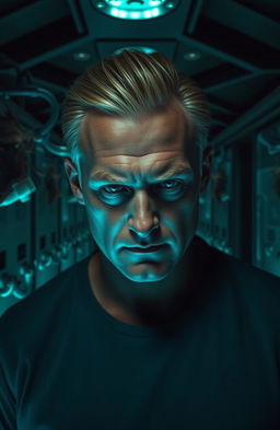 A blonde man with smooth, slicked-back hair and a clenched jaw stands in a dimly lit Observation Lab, illuminated by a turquoise glow that shines through thick glass