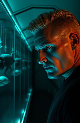 A blonde man with smooth, slicked-back hair and a clenched jaw stands in a dimly lit Observation Lab, illuminated by a turquoise glow that shines through thick glass