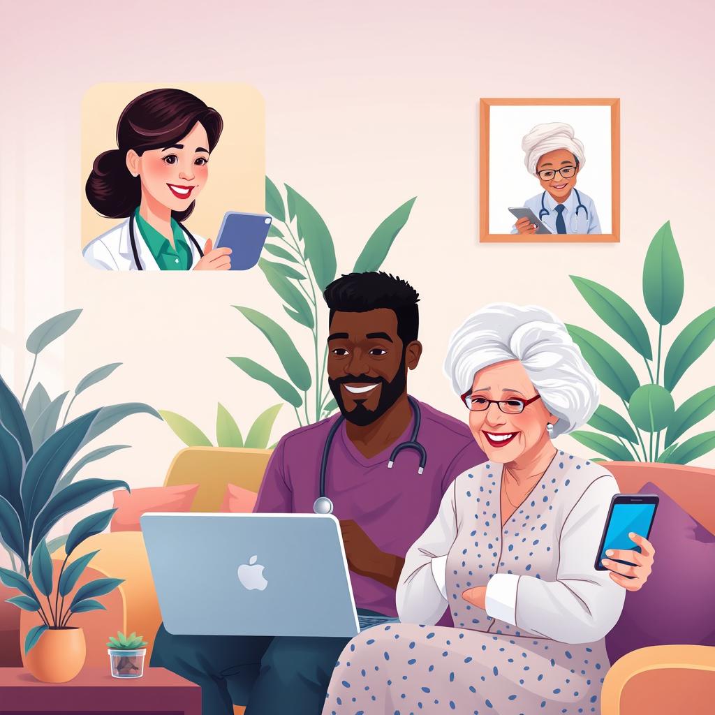 A vibrant illustration depicting the concept of telehealth, featuring a diverse group of real people engaged in remote healthcare consultations