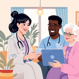 A vibrant illustration depicting the concept of telehealth, featuring a diverse group of real people engaged in remote healthcare consultations