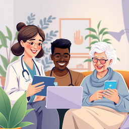 A vibrant illustration depicting the concept of telehealth, featuring a diverse group of real people engaged in remote healthcare consultations