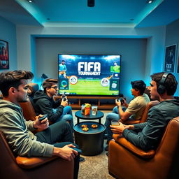 An exciting FIFA tournament scene featuring five young people deeply engaged in competitive gameplay