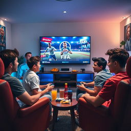 An exciting FIFA tournament scene featuring five young people deeply engaged in competitive gameplay