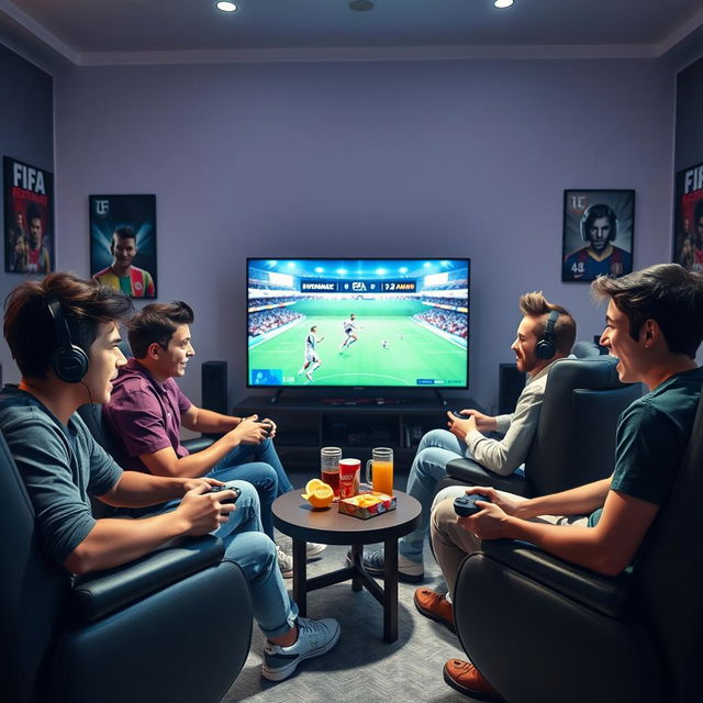 An exciting FIFA tournament scene featuring five young people deeply engaged in competitive gameplay