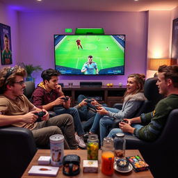 An exciting FIFA tournament scene featuring five young people deeply engaged in competitive gameplay