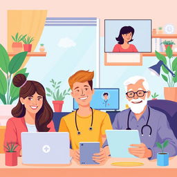 A vibrant and engaging illustration depicting the concept of telehealth, showcasing real people interacting through modern technology