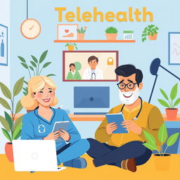 A vibrant and engaging illustration depicting the concept of telehealth, showcasing real people interacting through modern technology