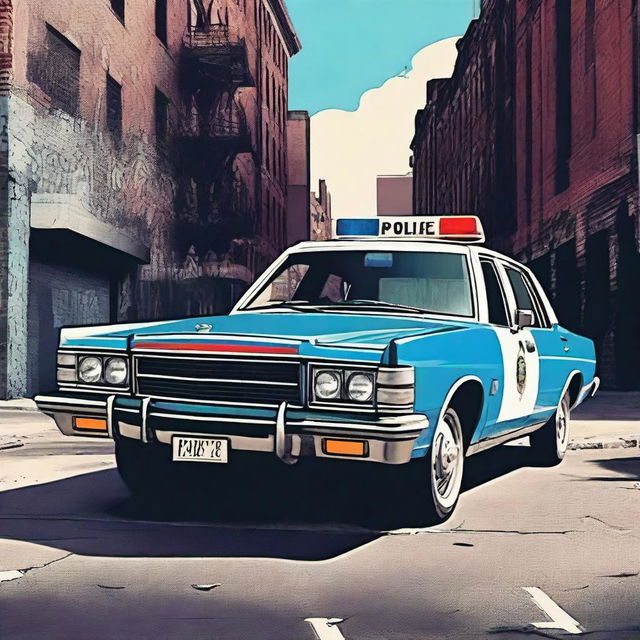 A high-definition digital art image presenting a vintage-style police car