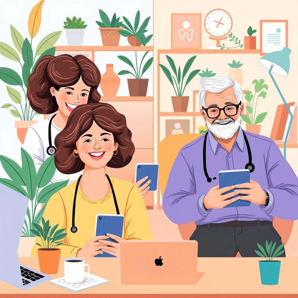A vibrant and engaging illustration depicting the concept of telehealth, showcasing real people interacting through modern technology